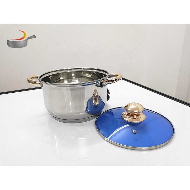 Kitchen accessories technique tri ply 12pcs Stainless Steel Cookware Sets fry pan saucepan set with ss handle gold handle