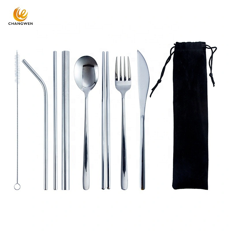Camping Portable Travel Stainless Steel flatware Fork Spoon Chopsticks Straw Silverware 9 piece Cutlery Set
