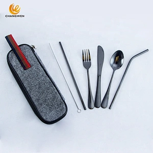 7 pcs Reusable Lunch Cutlery Set/Stainless Steel Straws with Brush/Travel Camping Flatware Set