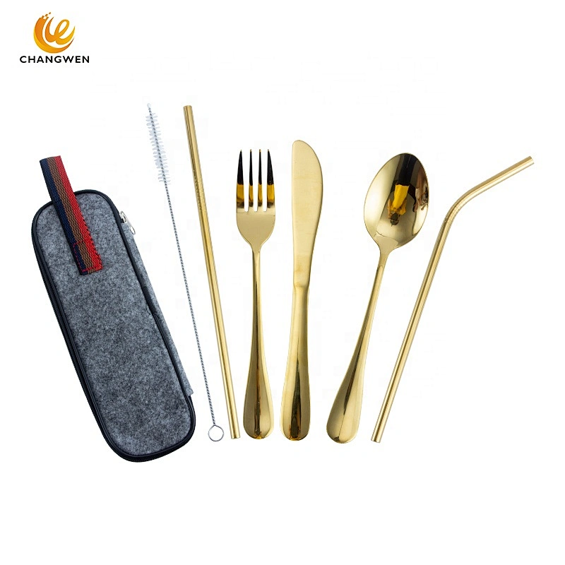 7 pcs Reusable Lunch Cutlery Set/Stainless Steel Straws with Brush/Travel Camping Flatware Set