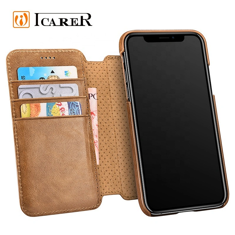 ICARER Distinguished Series Real Leather Detachable 2 in 1 Wallet Folio Case for iPhone XR