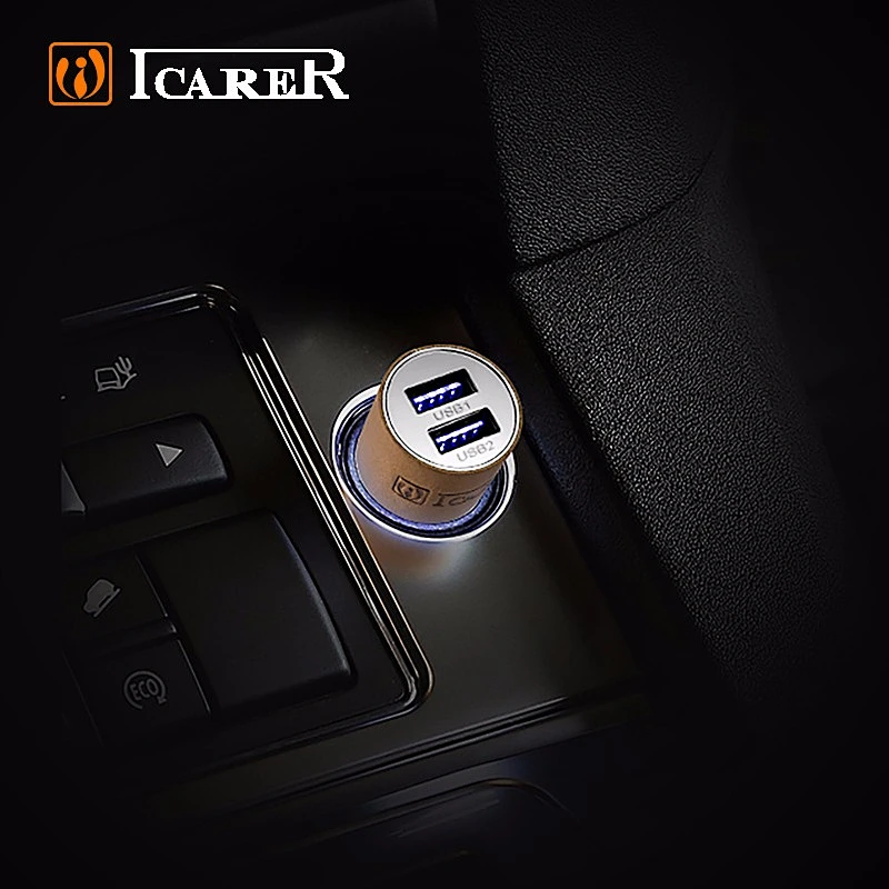 ICARER Luxury Genuine Leather USB Car Charger USB 3.0 Car Battery Charger