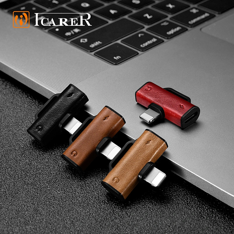 High Quality 2 in 1 Double Light-ning Leather Audio Charge Splitter Charging Adapte For iPhone