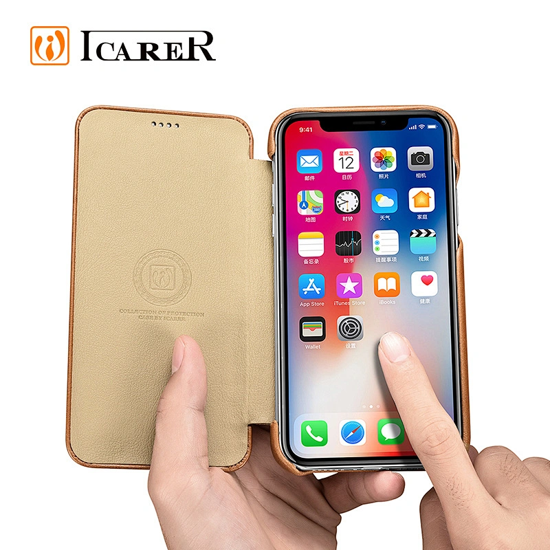 ICARER Hot Selling Type Curved Edge Mobile Phone Case Vintage Series Real Cowhide Leather Flip Case for iPhone XR XS Max