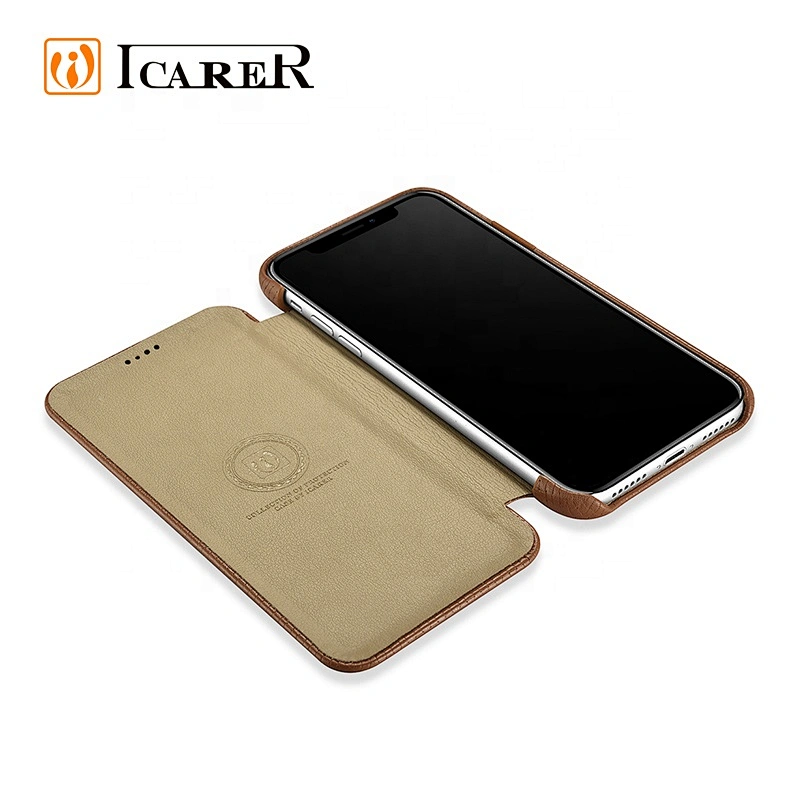 ICARER Skidproof Woven Pattern Series Curved Edge Real Leather Folio Case for iPhone X/XS
