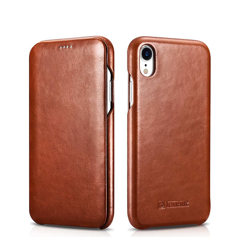 ICARER Hot Selling Type Curved Edge Mobile Phone Case Vintage Series Real Cowhide Leather Flip Case for iPhone XR XS Max