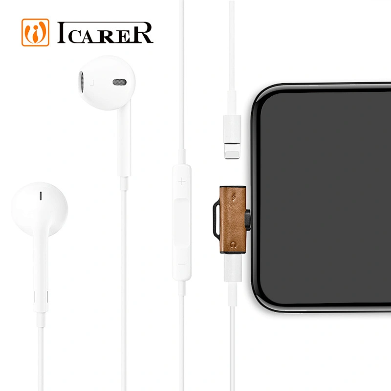 High Quality 2 in 1 Double Light-ning Leather Audio Charge Splitter Charging Adapte For iPhone