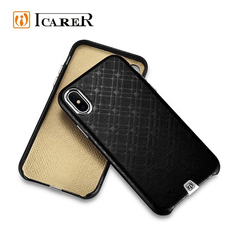 ICARER Case for iPhone X Luxury Real Leather Check Pattern Luxury Back Cover for iPhone X