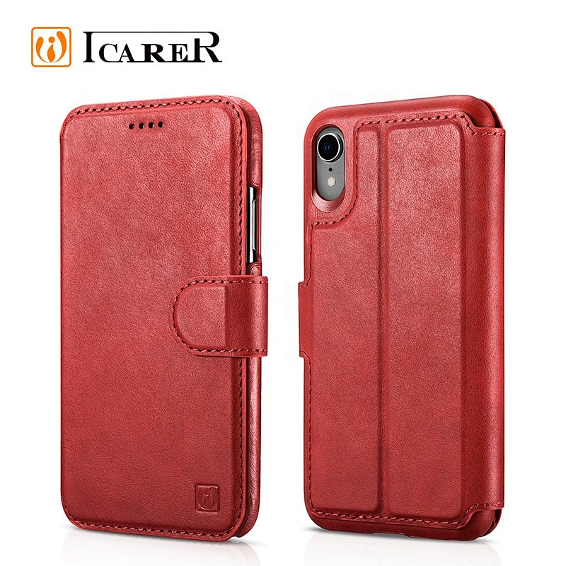 ICARER Distinguished Series Real Leather Detachable 2 in 1 Wallet Folio Case for iPhone XR