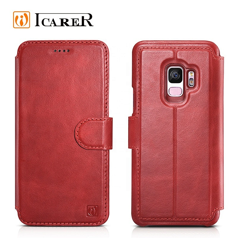 ICARER 2 in 1 Genuine Leather Detachable Mobile Phone Case With Button for Samsung S9/S9 Plus