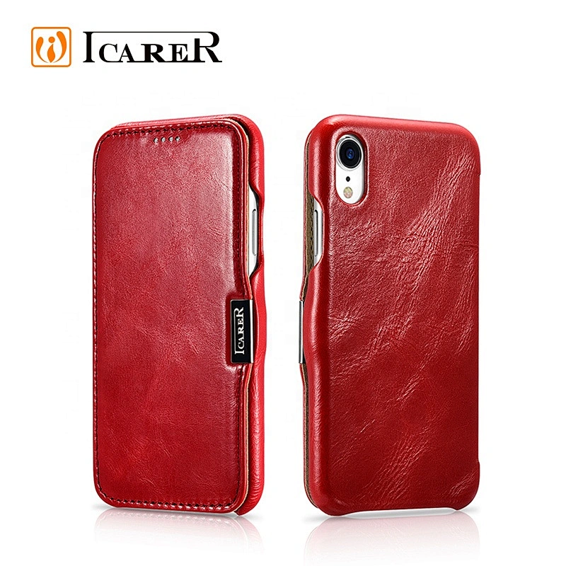 2019 ICARER Hot Selling Vintage Series Side Open Design Genuine Cowhide Leather Flip Case for iPhone XR