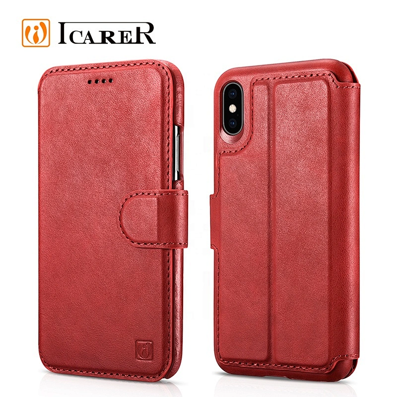 ICARER Real Leather Detachable 2 in 1 Magnetic Wallet Folio Case for iPhone XS Max