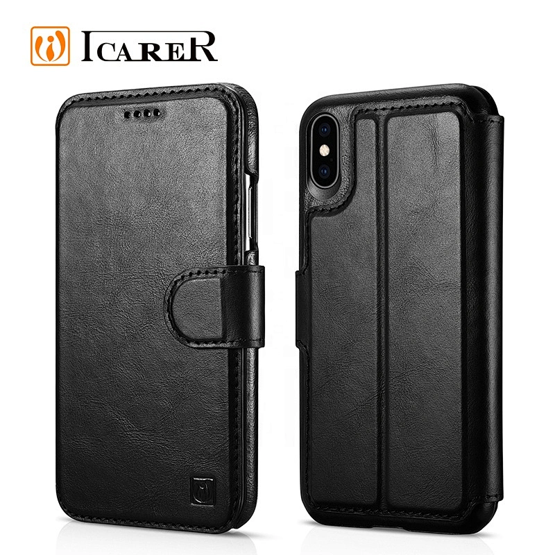 ICARER Real Leather Detachable 2 in 1 Magnetic Wallet Folio Case for iPhone XS Max