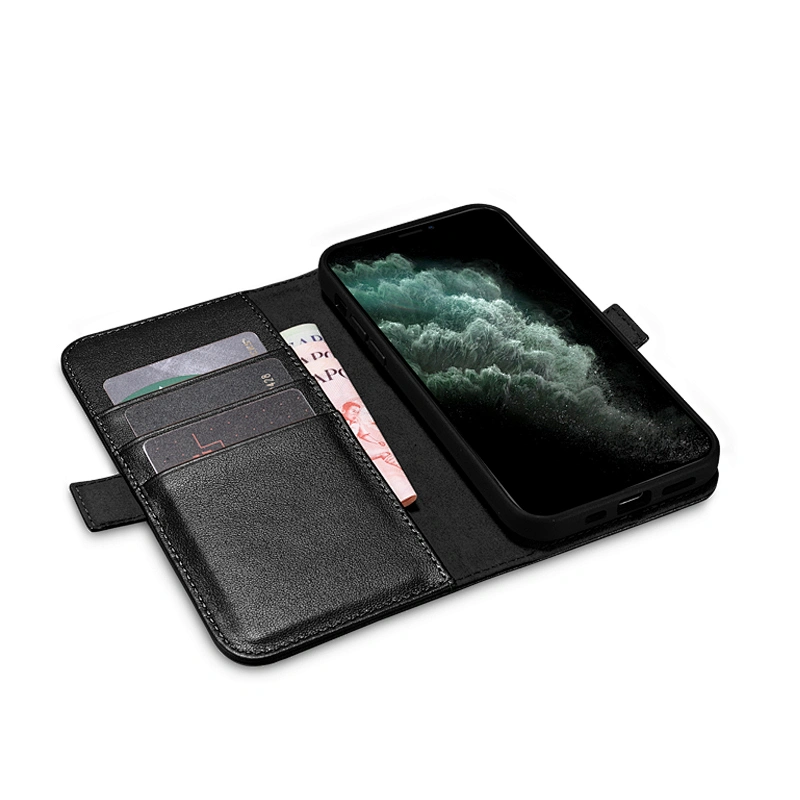 2020 ICARER OEM Luxury Flip Leather Phone Case High Quality Genuine Leather Brown Wallet Cover for iPhone 12 Mini 5.4 inch