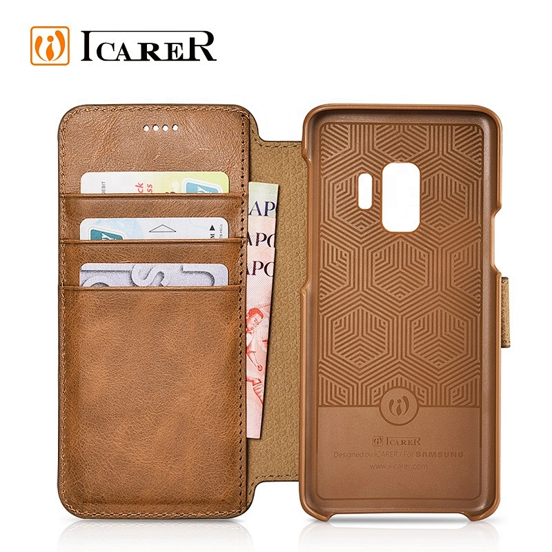 ICARER 2 in 1 Genuine Leather Detachable Mobile Phone Case With Button for Samsung S9/S9 Plus