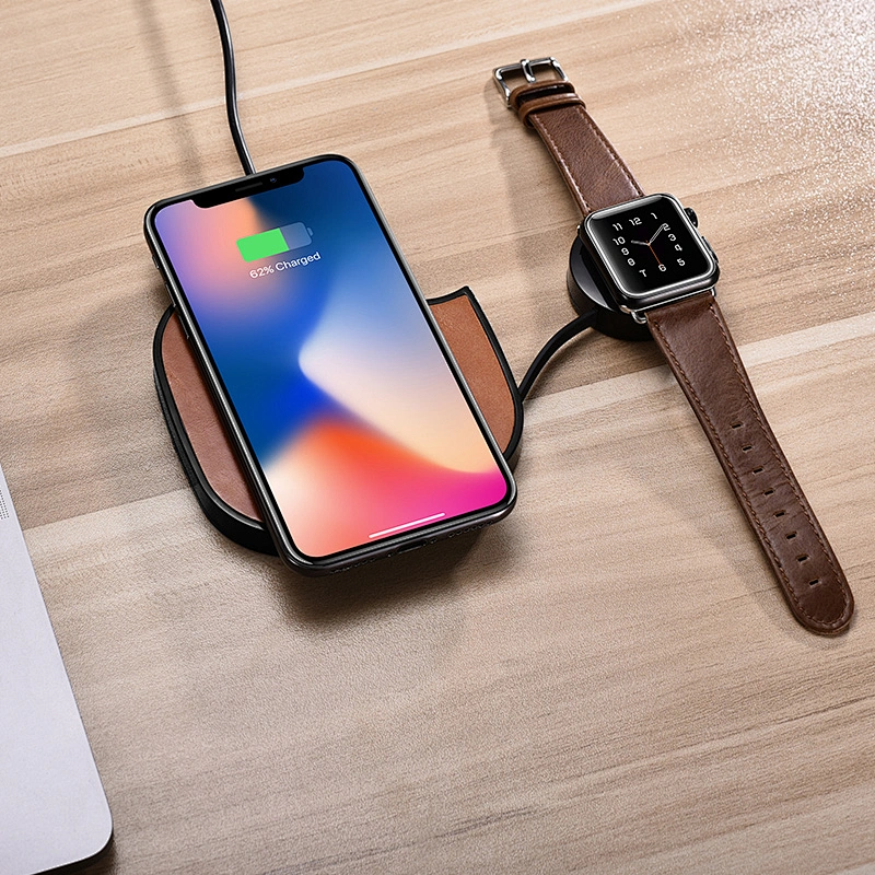 Portable 2 in 1 Leather Stretchable Fast Wireless Charger for iPhone for iWatch wireless charger for Apple Watch