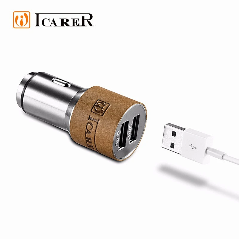 ICARER Luxury Genuine Leather USB Car Charger USB 3.0 Car Battery Charger