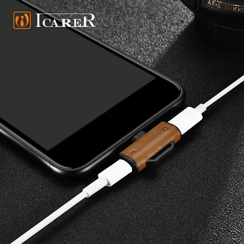 High Quality 2 in 1 Double Light-ning Leather Audio Charge Splitter Charging Adapte For iPhone