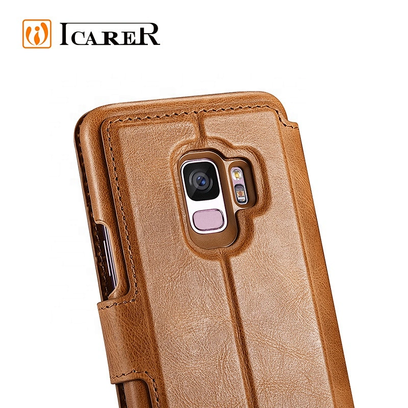 ICARER 2 in 1 Genuine Leather Detachable Mobile Phone Case With Button for Samsung S9/S9 Plus