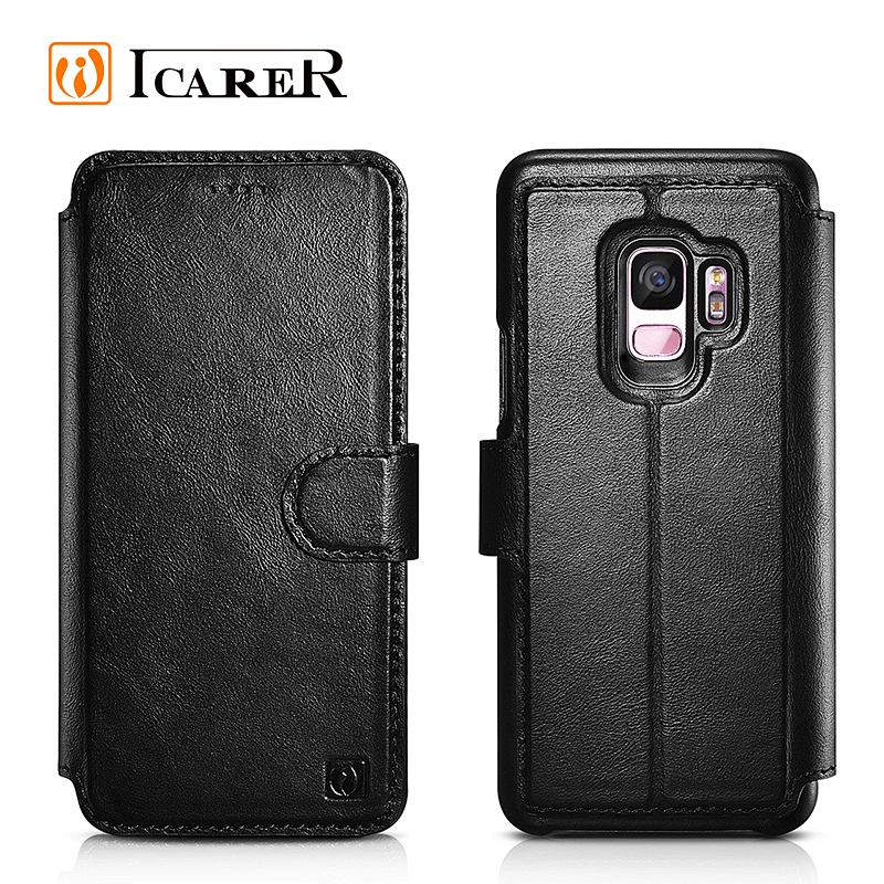 ICARER 2 in 1 Genuine Leather Detachable Mobile Phone Case With Button for Samsung S9/S9 Plus
