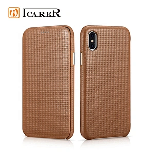 ICARER Skidproof Woven Pattern Series Curved Edge Real Leather Folio Case for iPhone X/XS