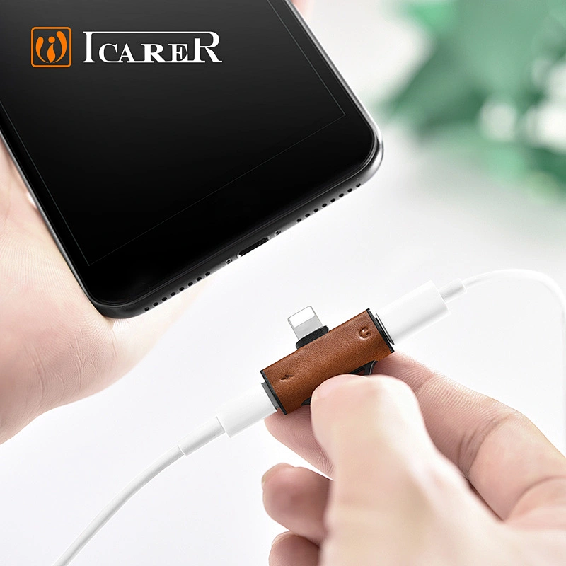 High Quality 2 in 1 Double Light-ning Leather Audio Charge Splitter Charging Adapte For iPhone