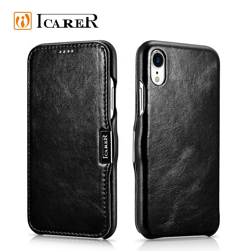 2019 ICARER Hot Selling Vintage Series Side Open Design Genuine Cowhide Leather Flip Case for iPhone XR