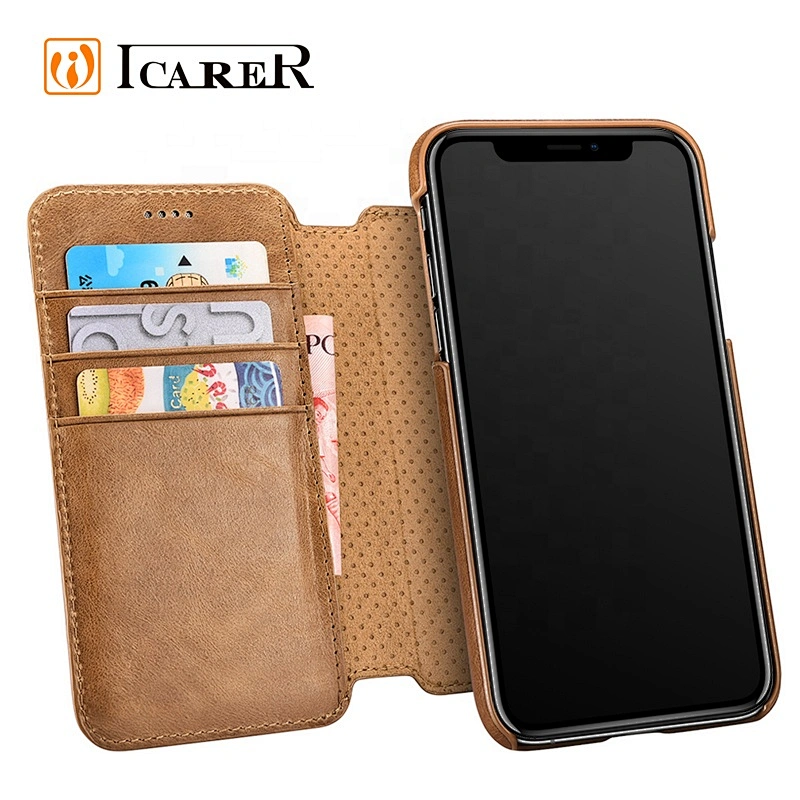 ICARER Real Leather Detachable 2 in 1 Magnetic Wallet Folio Case for iPhone XS Max