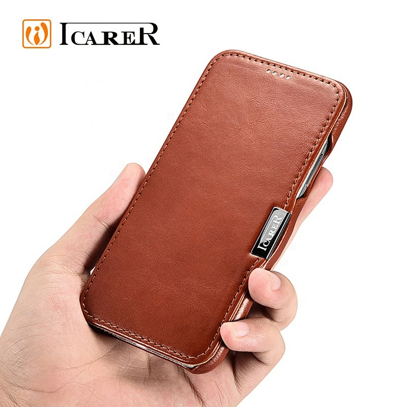 2019 ICARER Hot Selling Vintage Series Side Open Design Genuine Cowhide Leather Flip Case for iPhone XR