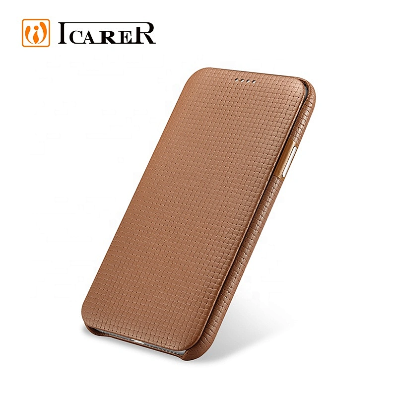 ICARER Skidproof Woven Pattern Series Curved Edge Real Leather Folio Case for iPhone X/XS