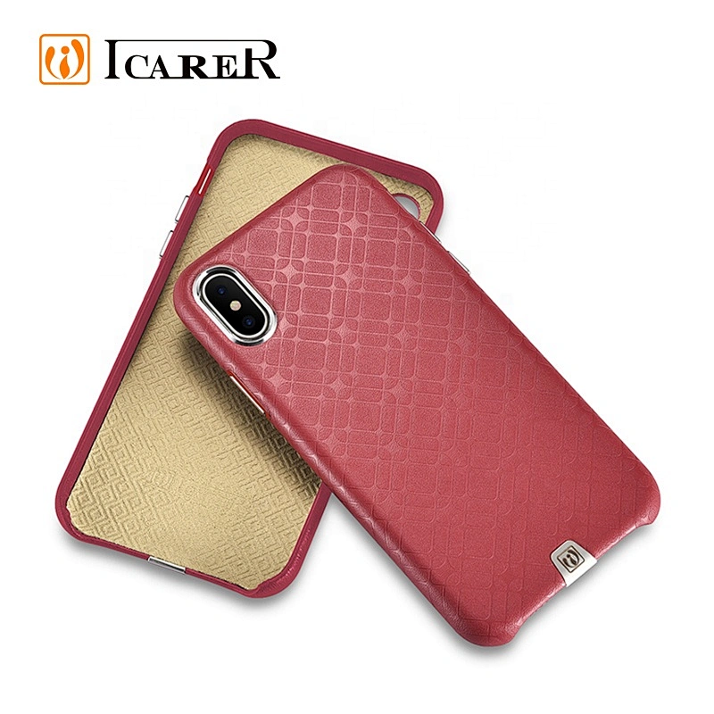 ICARER Case for iPhone X Luxury Real Leather Check Pattern Luxury Back Cover for iPhone X