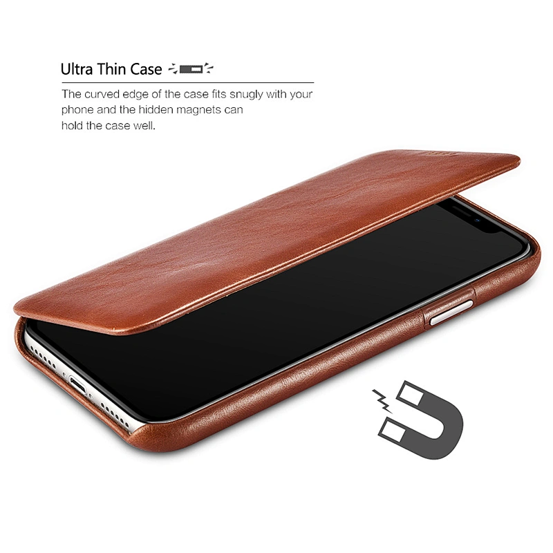 High Quality Luxury Handmade Shockproof Genuine Leather Mobile Phone Flip Cover Case for iPhone X Xs Max Xr