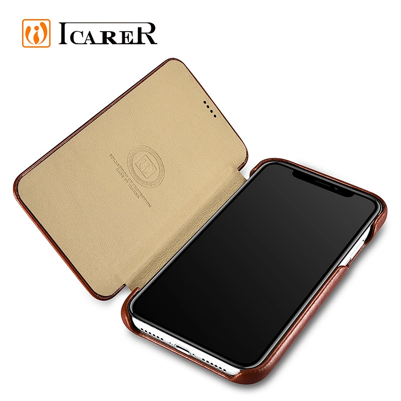 ICARER Hot Selling Type Curved Edge Mobile Phone Case Vintage Series Real Cowhide Leather Flip Case for iPhone XR XS Max