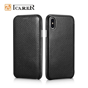 ICARER Skidproof Woven Pattern Series Curved Edge Real Leather Folio Case for iPhone X/XS