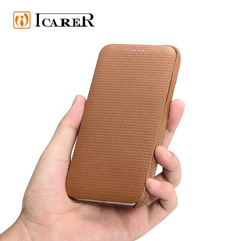 ICARER Skidproof Woven Pattern Series Curved Edge Real Leather Folio Case for iPhone X/XS