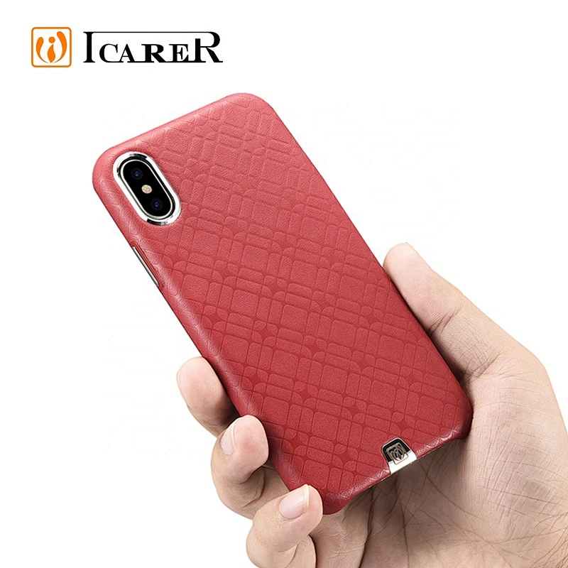 ICARER Case for iPhone X Luxury Real Leather Check Pattern Luxury Back Cover for iPhone X