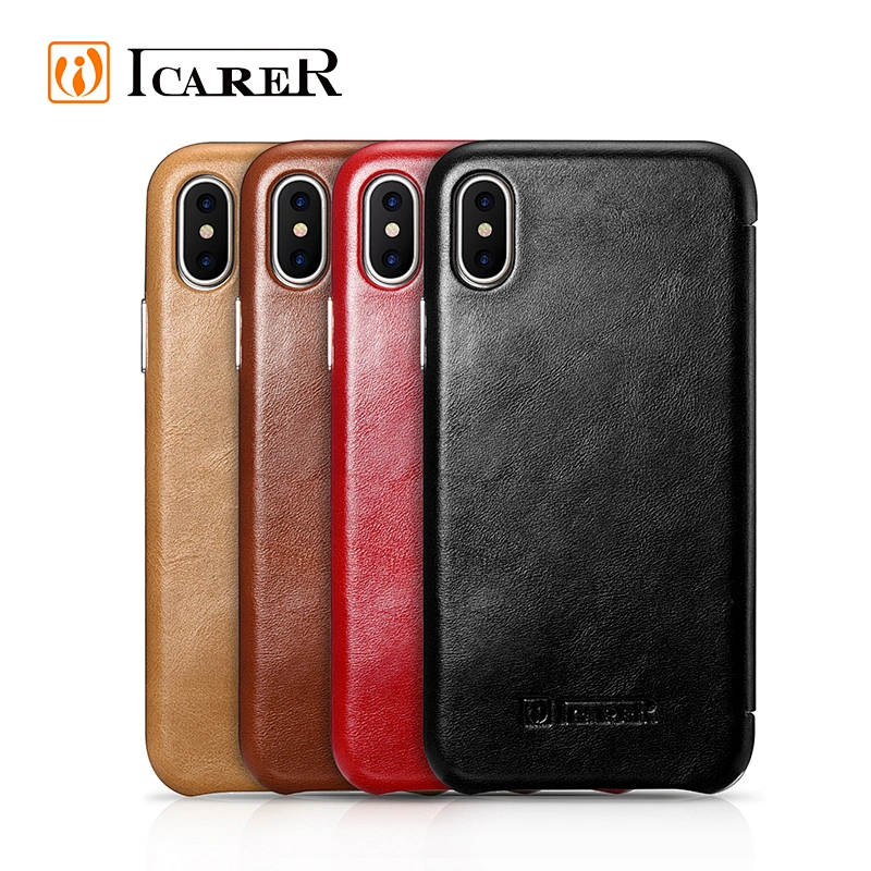 High Quality Luxury Handmade Shockproof Genuine Leather Mobile Phone Flip Cover Case for iPhone X Xs Max Xr