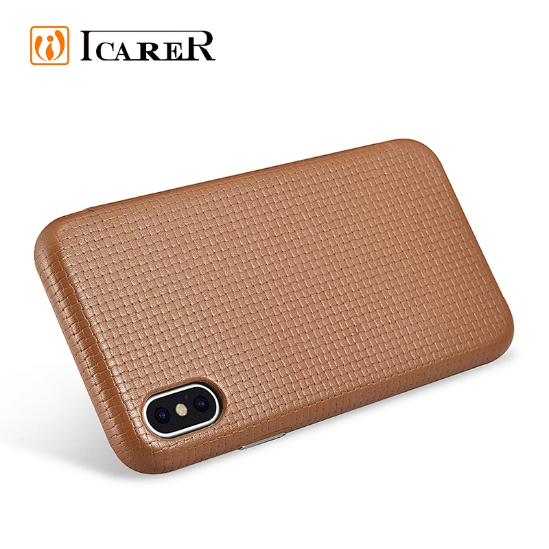 ICARER Skidproof Woven Pattern Series Curved Edge Real Leather Folio Case for iPhone X/XS