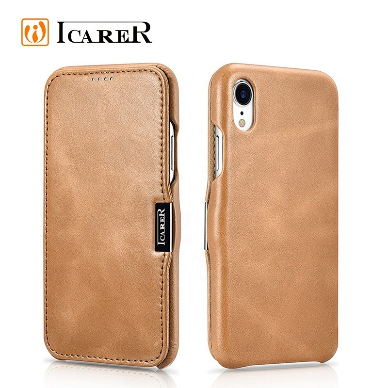 2019 ICARER Hot Selling Vintage Series Side Open Design Genuine Cowhide Leather Flip Case for iPhone XR