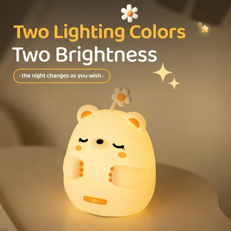 Cute Bear Tap Control Flower Lamps Girls Night Light Led Animal Children Rechargeable Light Gift Item Silicone Lights for Kids