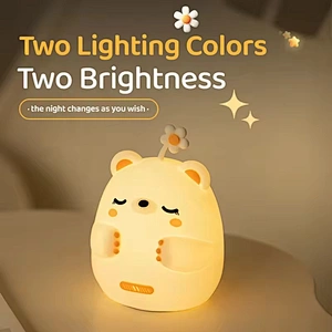 Cute Bear Tap Control Flower Lamps Girls Night Light Led Animal Children Rechargeable Light Gift Item Silicone Lights for Kids