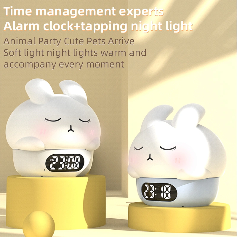 LED Rabbit Bedside Lamp Rotatable Smart Night Lamp Plug Into Wall Multi-function Cute Bunny Sleep Trainer Clock Kids Night Light