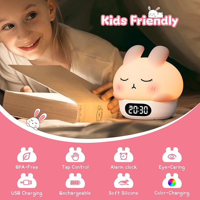 ICARER FAMILY Silicone Night Light Rabbit Desk Lamp LED Clock for Home Bedroom Light Cute Gadgets