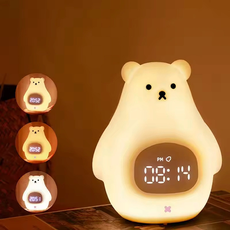 Cute Bear Shape Alarm Clock Timer Function Desk Lighting Colorful Remote Control Animal Night Light for Bedroom Kids Children