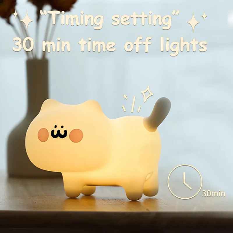 Cute Cat LED Night Light Modern Silicone Mini Lamp for Kids Room Bedroom Rechargeable with Warm Color Touch Power Generation