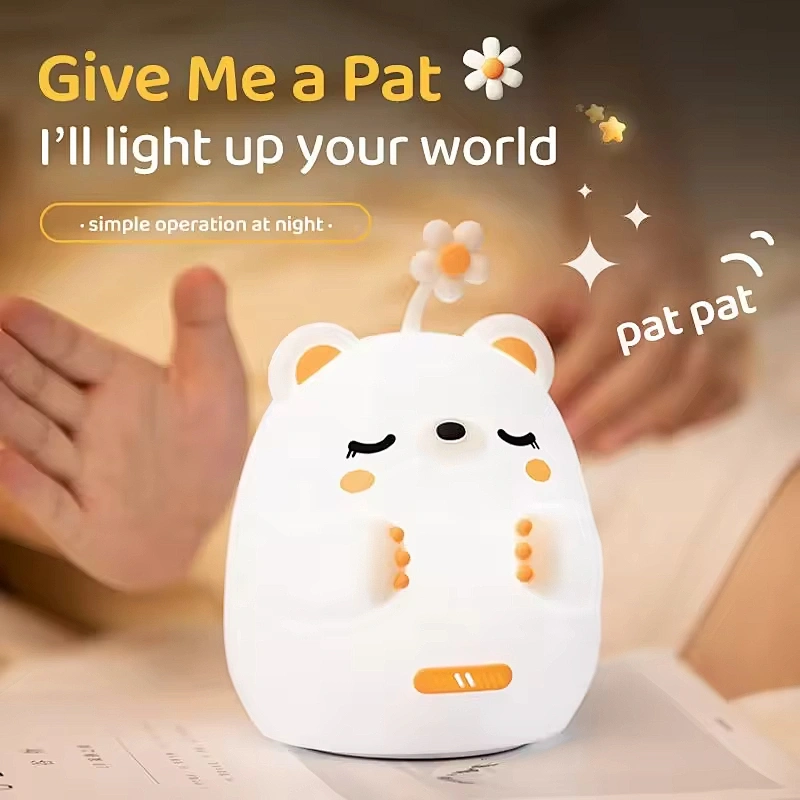 Cute Bear Tap Control Flower Lamps Girls Night Light Led Animal Children Rechargeable Light Gift Item Silicone Lights for Kids