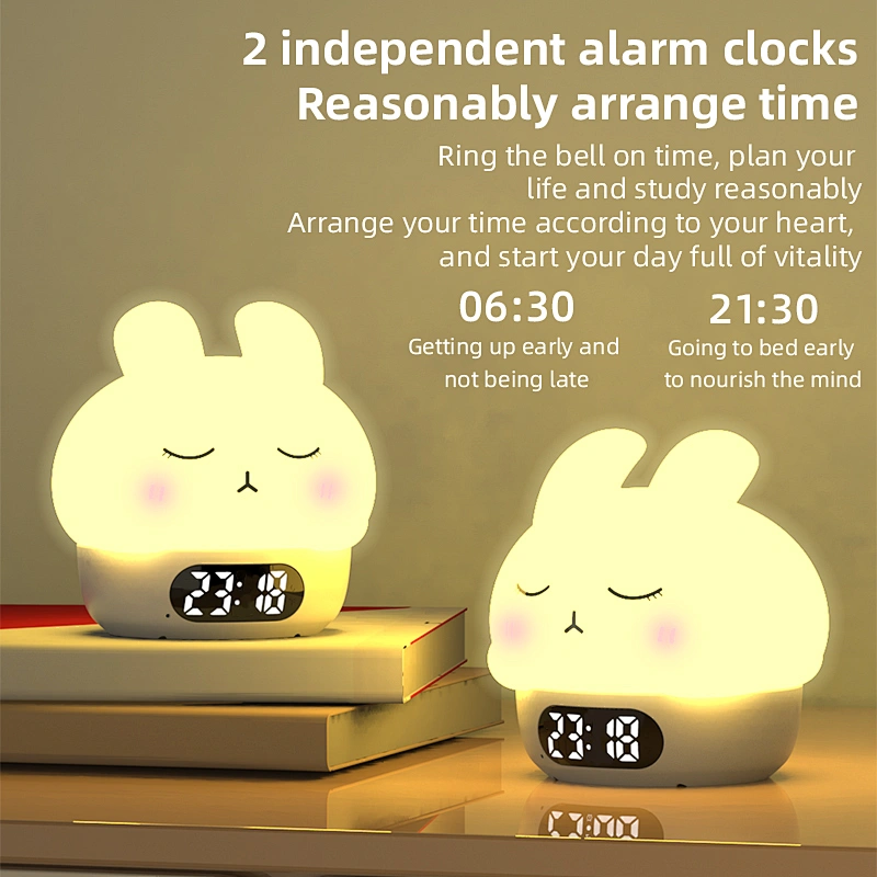 LED Rabbit Bedside Lamp Rotatable Smart Night Lamp Plug Into Wall Multi-function Cute Bunny Sleep Trainer Clock Kids Night Light