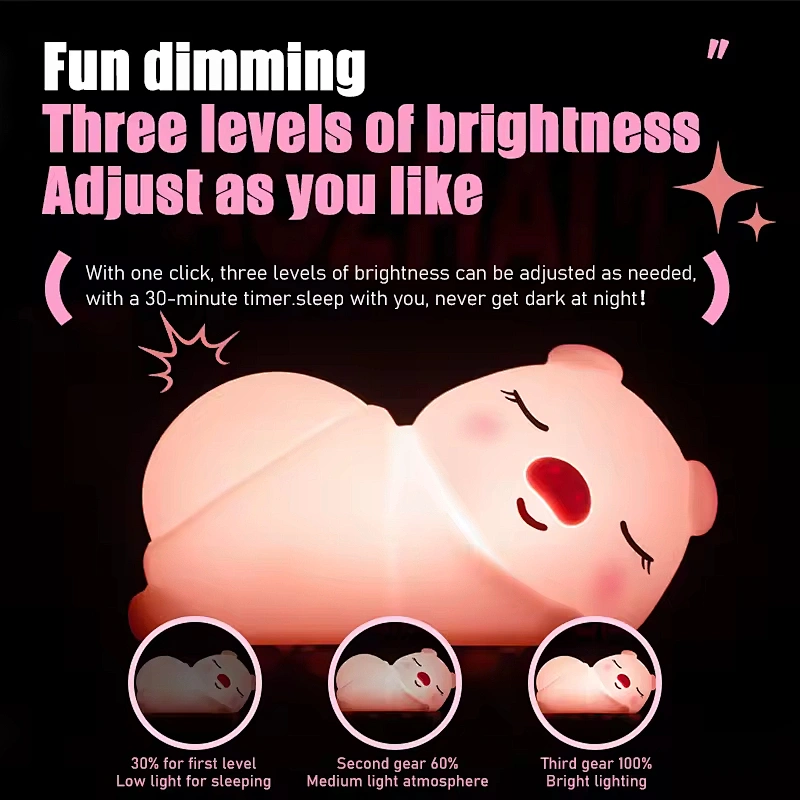 Cute Pig Silicone Animal Tap Dimmable Rechargeable USB Led Battery Cartoon Kids Children Baby Smart Night Light for Bedroom