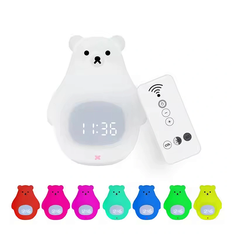 Cute Bear Shape Alarm Clock Timer Function Desk Lighting Colorful Remote Control Animal Night Light for Bedroom Kids Children