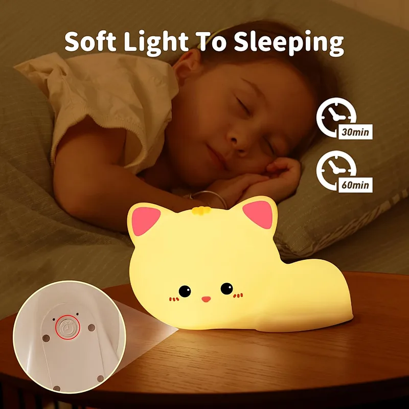 Hot Sale Rechargeable Silicone Cartoon Cat LED Night Lamp Cute Remote Control for Child Bedroom Use